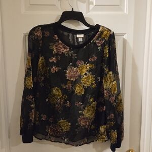 a new day Black Floral Burnout Long-Sleeve Top with Gold & Pink Flowers